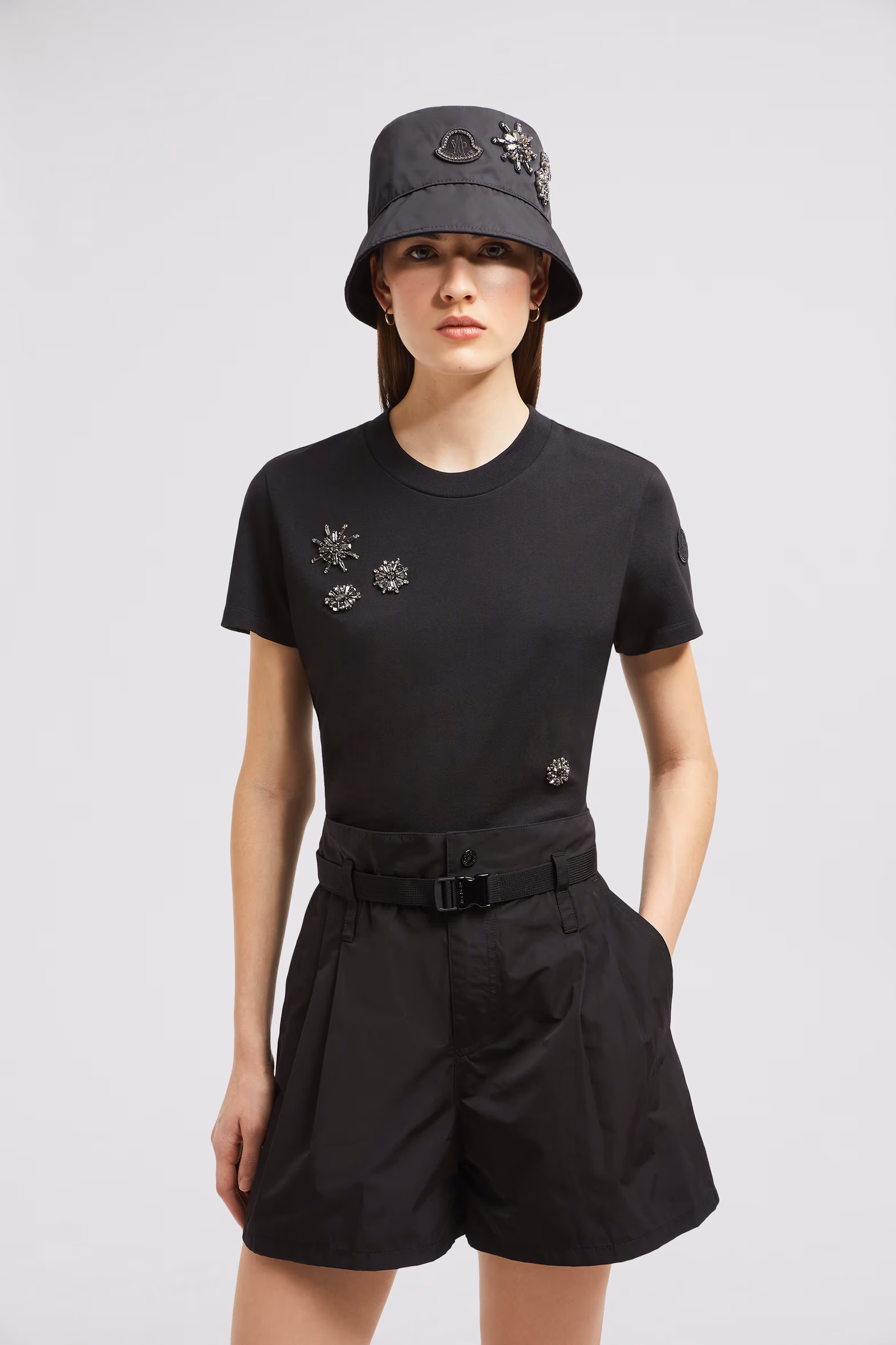 Camiseta de algodón con flores de cristal Mujer Negro Moncler